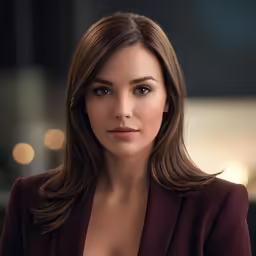 a woman in a red jacket is staring at the camera