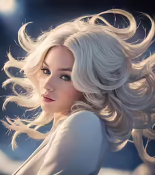 a woman with blonde hair is staring ahead