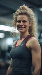 a woman with blond hair and eyes is posing for the camera,woman smiling in a gym outfit with a barbell