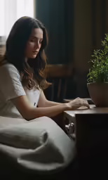 a woman sitting down and typing on a computer