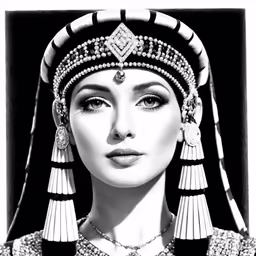 a woman wearing a headdress and an elaborate necklace