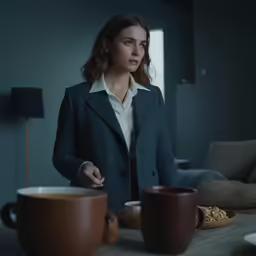 a woman sitting at a table with cups