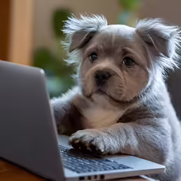 a puppy is sitting on a table and looks at the camera as he looks over his laptop screen