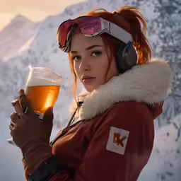 a woman with earphones holding a glass of beer