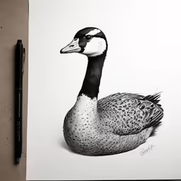 the drawing shows a black - and - white duck with grey stripes
