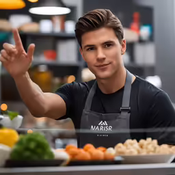 the chef stands near a counter full of food
