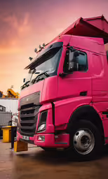 a big semi - truck is painted in pink,pink semi truck parked in front of other trucks