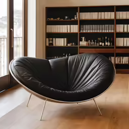 the black seat on the black leather swivel chair looks like a swan pod