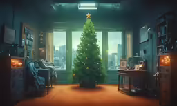 a room with a christmas tree decorated in a star