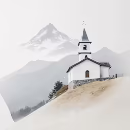 a mountain with a small white building on top