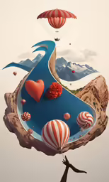 a group of different balloons floating over a body of water