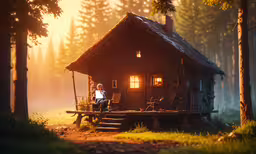 man sitting in chair at the window of small cabin,a small house in the woods that has a wood frame on top