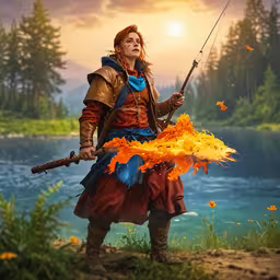 the woman is dressed in an orange outfit while holding her fishing rod,a person wearing orange and blue holding a fishing rod