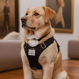 a large brown dog wearing a black harness