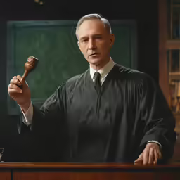 a judge in a court gown holding a wooden mallet