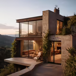an outdoor patio that includes two large windows and large steps