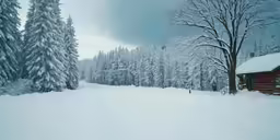 the forest is covered in thick snow while a road crosses