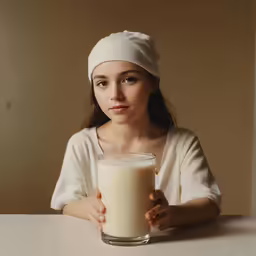 a girl with a towel over her head holding a glass of milk