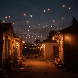 string lights hanging over small white houses under night sky