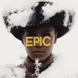 woman in a black and yellow hat with a epic word on her forehead