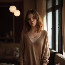 woman standing in a dark room with light shining on her window