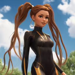 a female character with long, blonde hair is dressed in a bodysuit