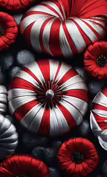 red and white ornaments sitting on top of rocks