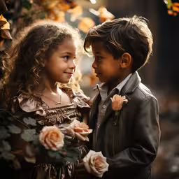 young couple standing outside together dressed in fall clothes,a boy and a girl are holding flowers together