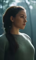 woman with ponytail and braid standing in forest looking to the side