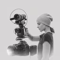 a woman holding an umbrella over a camera