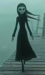 girl with black dress and long hair walking on wooden dock