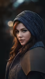 a girl in a hat and jacket staring straight ahead