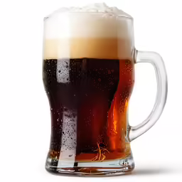 a full mug of beer sits against a white background