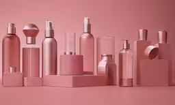 several bottles are arranged on a pink surface