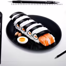the black plate is covered in sushi and has many sauces