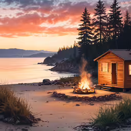 a beach is shown with trees and a cabin at dusk,a small cabin with a fire in the center near a lake