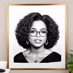 a woman with a framed black and white photo in her home