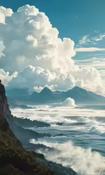 a large puff of clouds over a cliff