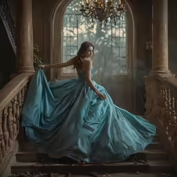 a woman in a dress standing on stairs near a chandelier
