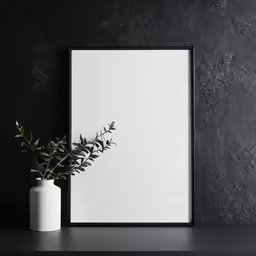 a black wall with a frame and vase containing plant