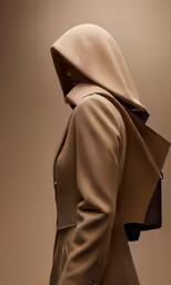 a woman wearing a tan long coat with a hood