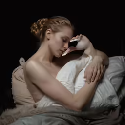 the woman is in bed using her phone