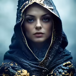 woman in a blue and gold hooded cloak