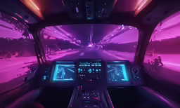 a futuristic space station showing two large screens and multiple speakers