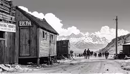 black and white photograph of men walking toward small wooden houses,black and white photograph of many people in an old western town