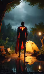 a man in a costume is facing out at night,a man standing in front of a tent with a red cape