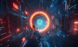 there is a person sitting inside a sci - fi tunnel