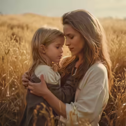 a mother and daughter in a wheat field hugging each other