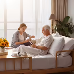 a woman sitting on top of a bed next to an elderly man