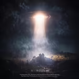 an alien being held up by lights that are shining through the sky